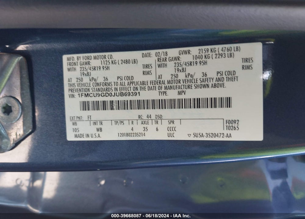 2018 FORD ESCAPE SE VIN: 1FMCU9GD0JUB69391