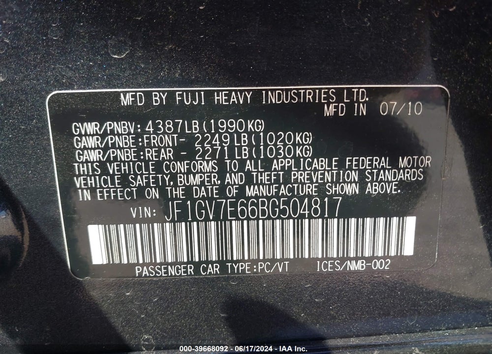2011 SUBARU IMPREZA WRX VIN: JF1GV7E66BG504817