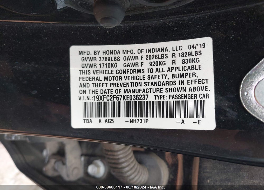 2019 HONDA CIVIC LX VIN: 19XFC2F67KE036237