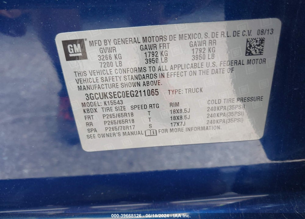 2014 CHEVROLET SILVERADO 1500 2LZ VIN: 3GCUKSEC0EG211065