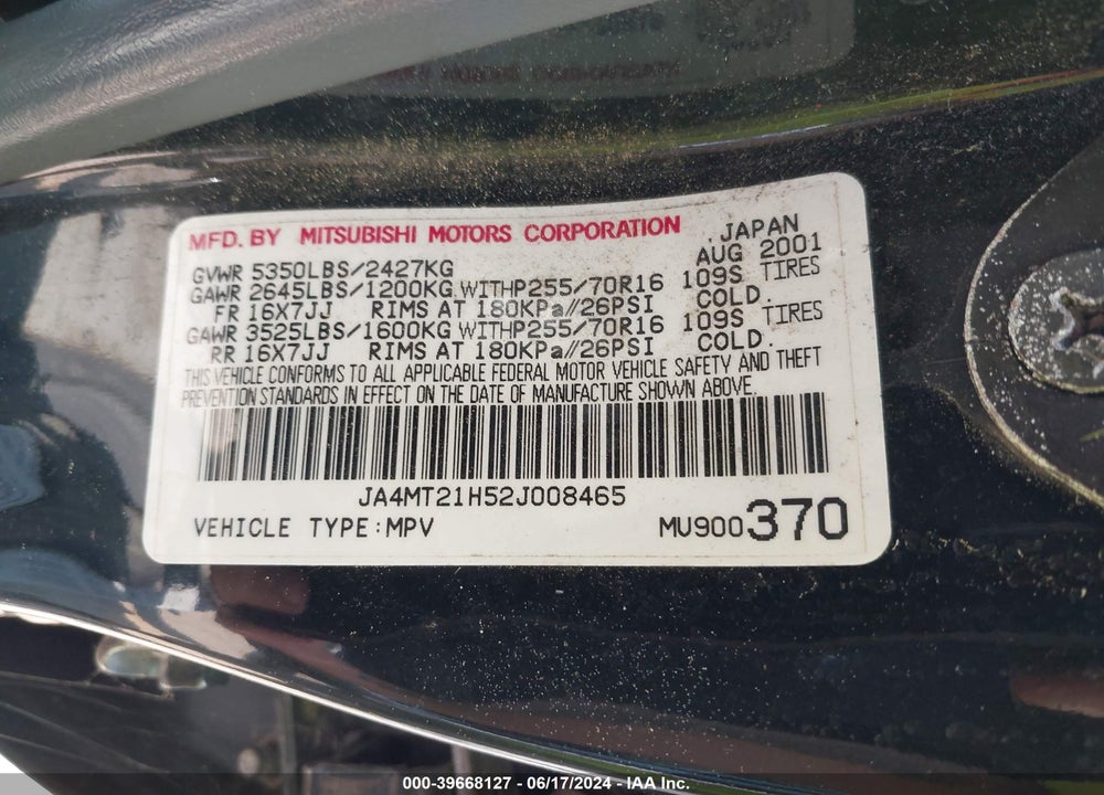 2002 MITSUBISHI MONTERO SPORT ES/LS VIN: JA4MT21H52J008465