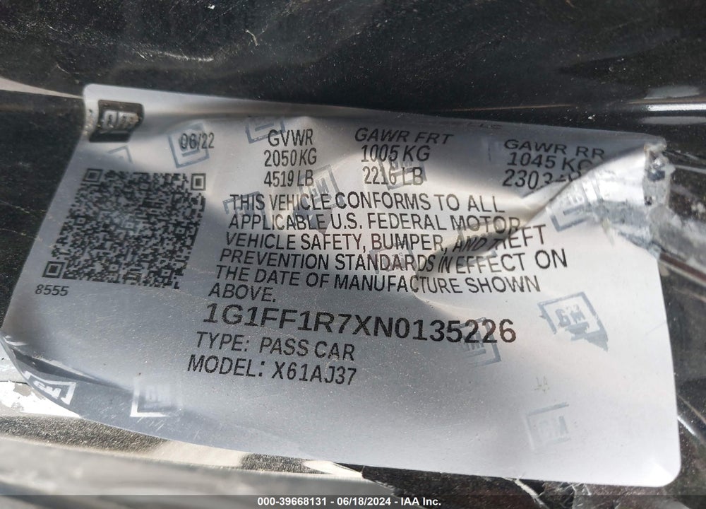 2022 CHEVROLET CAMARO RWD 1SS VIN: 1G1FF1R7XN0135226