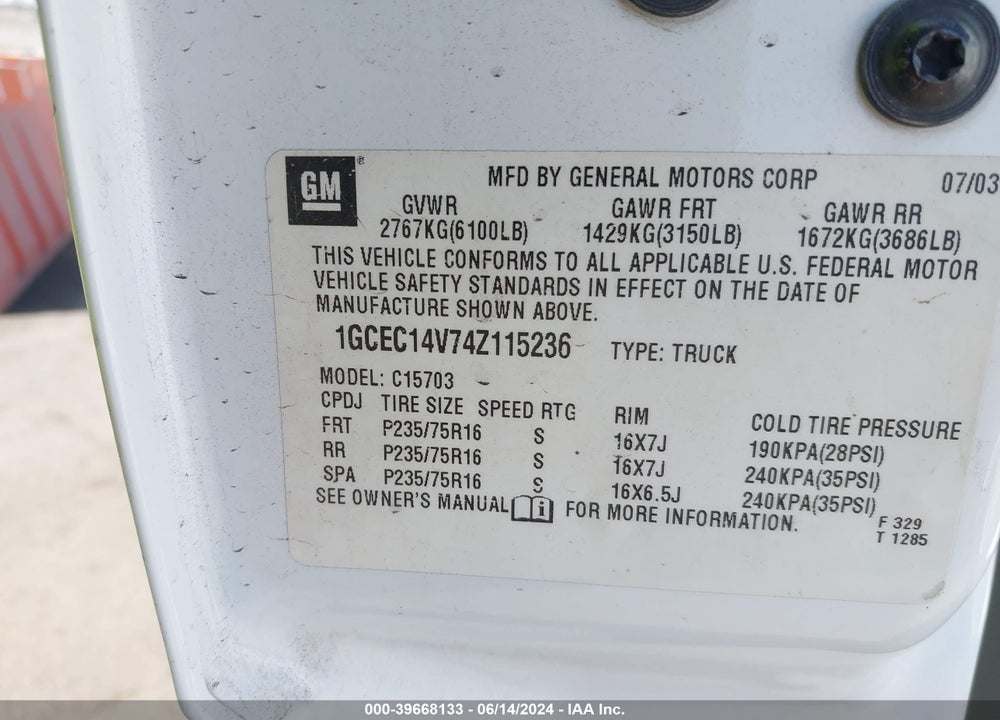 2004 CHEVROLET SILVERADO 1500 LS VIN: 1GCEC14V74Z115236