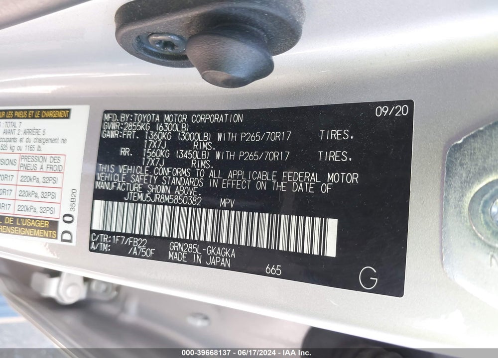 2021 TOYOTA 4RUNNER SR5 VIN: JTEMU5JR8M5850382