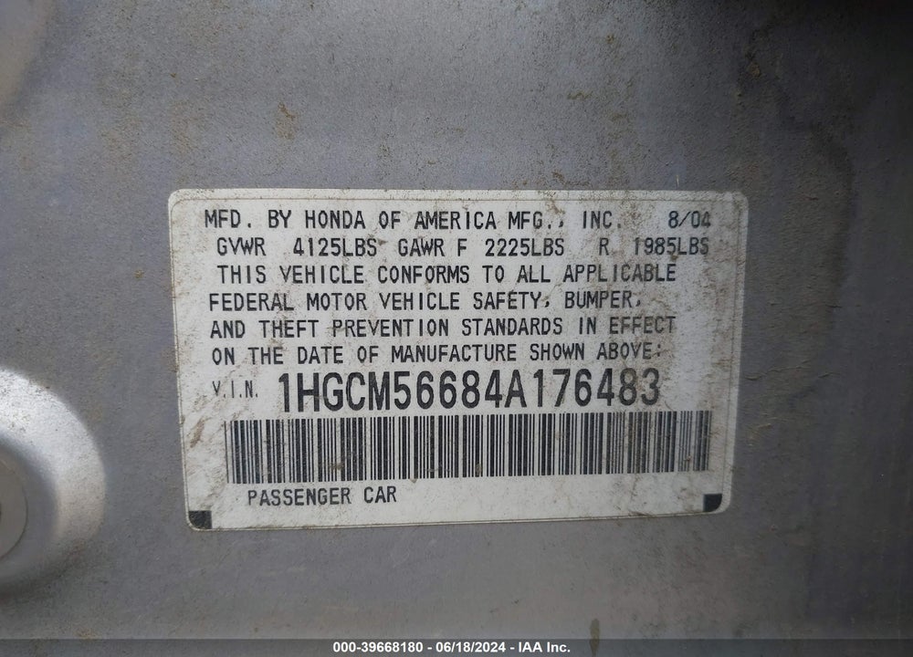 2004 HONDA ACCORD 2.4 EX VIN: 1HGCM56684A176483