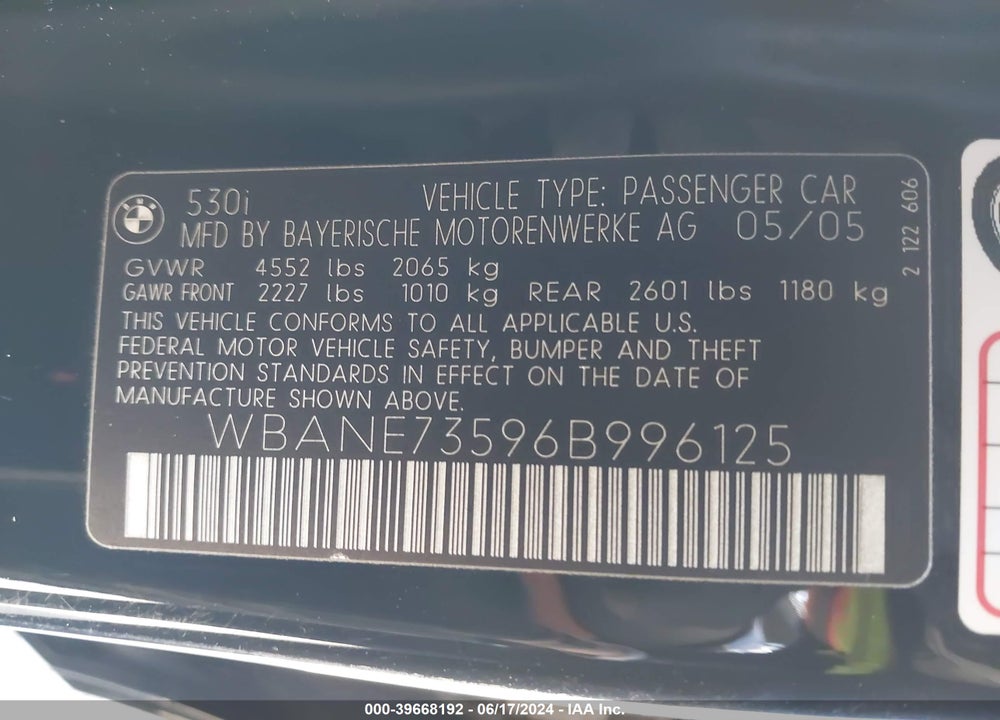2006 BMW 530I VIN: WBANE73596B996125
