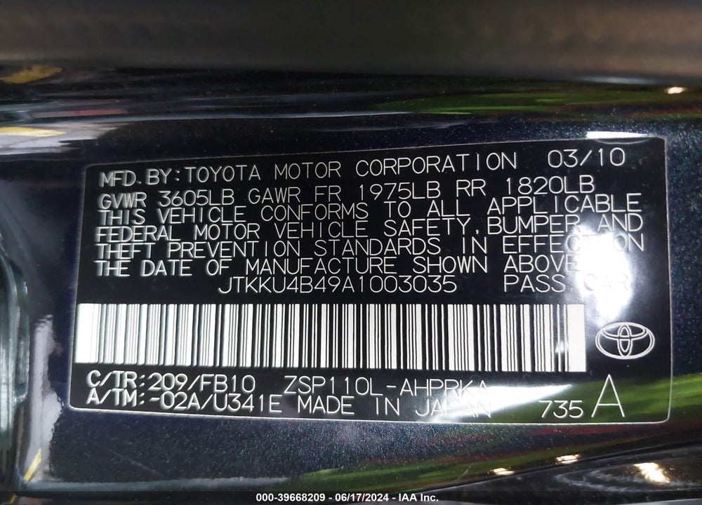 2010 SCION XD VIN: JTKKU4B49A1003035