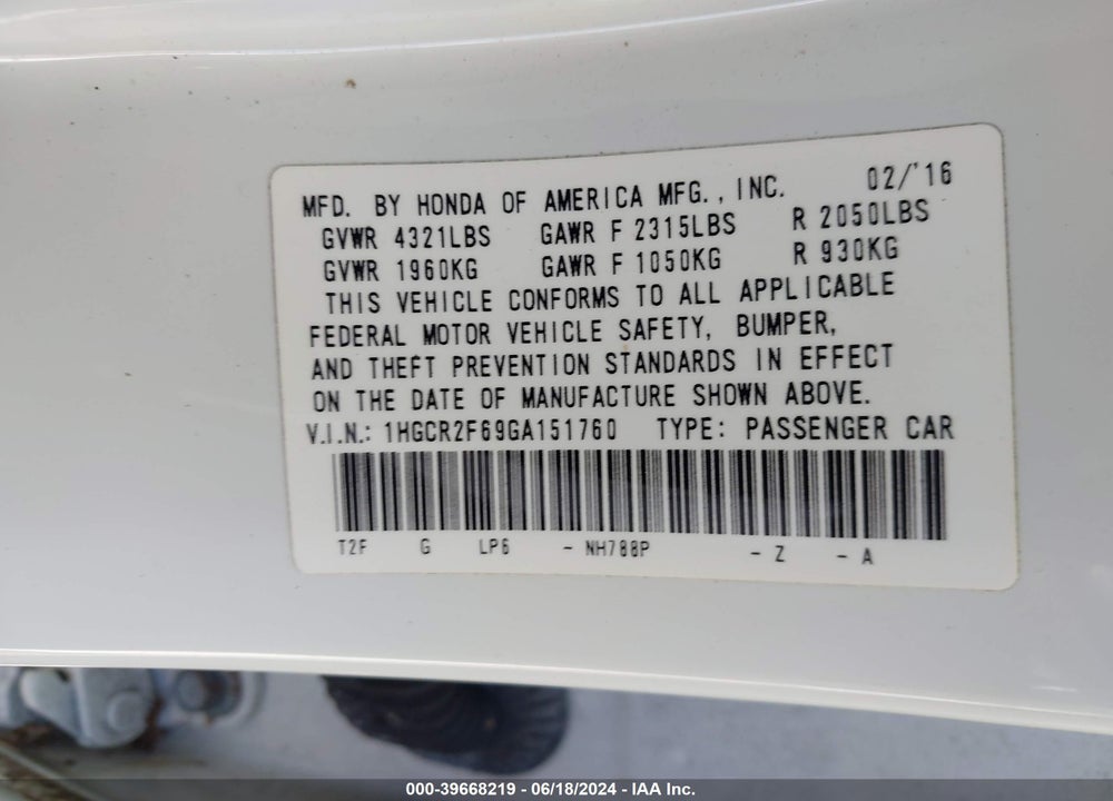 2016 HONDA ACCORD SPORT VIN: 1HGCR2F69GA151760