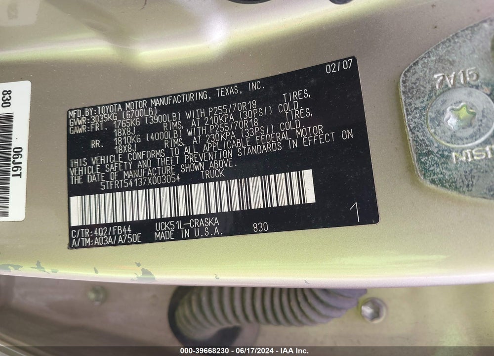 2007 TOYOTA TUNDRA SR5 4.7L V8 VIN: 5TFRT54137X003054