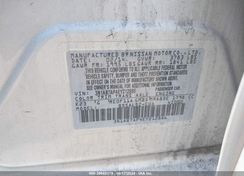 2014 NISSAN SENTRA FE+ S/FE+ SV/S/SL/SR/SV VIN: 3N1AB7AP4EY212886