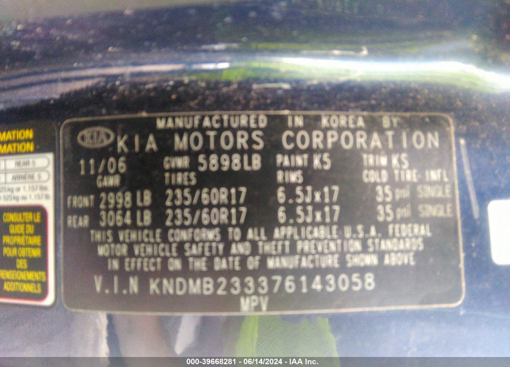 2007 KIA SEDONA EX VIN: KNDMB233376143058