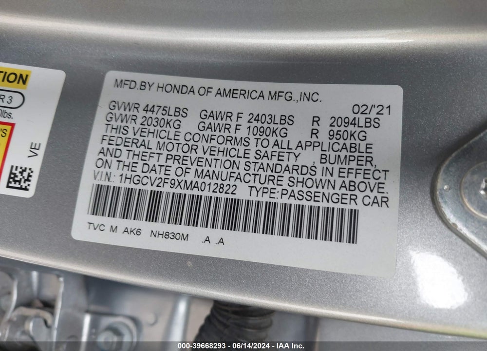 2021 HONDA ACCORD TOURING VIN: 1HGCV2F9XMA012822