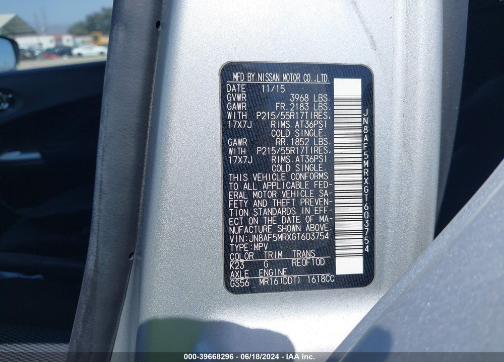 2016 NISSAN JUKE S VIN: JN8AF5MRXGT603754