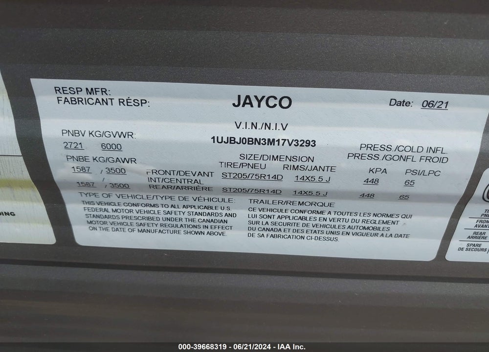 2021 JAYCO JAYFLIGHT VIN: 1UJBJ0BN3M17V3293