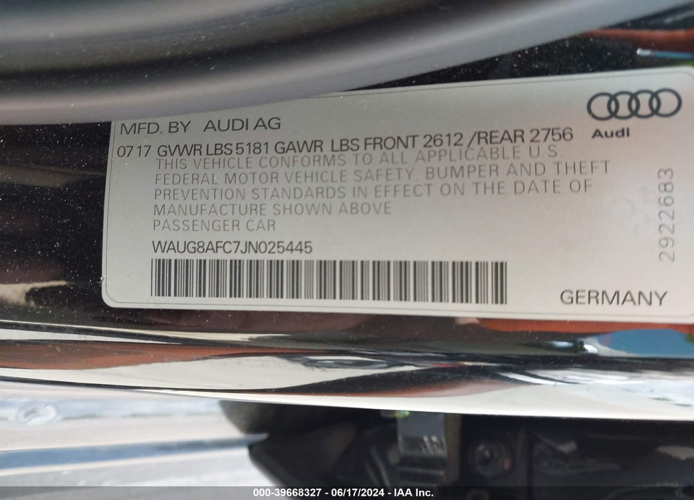 2018 AUDI A6 2.0T PREMIUM VIN: WAUG8AFC7JN025445
