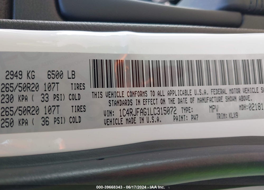 2020 JEEP GRAND CHEROKEE ALTITUDE 4X4 VIN: 1C4RJFAG1LC315072