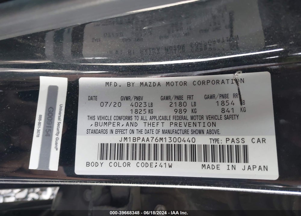 2021 MAZDA MAZDA3 VIN: JM1BPAA76M1300440