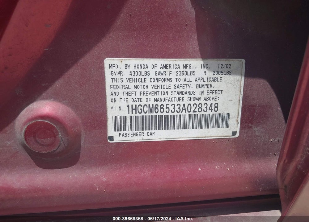 2003 HONDA ACCORD 3.0 EX VIN: 1HGCM66533A028348