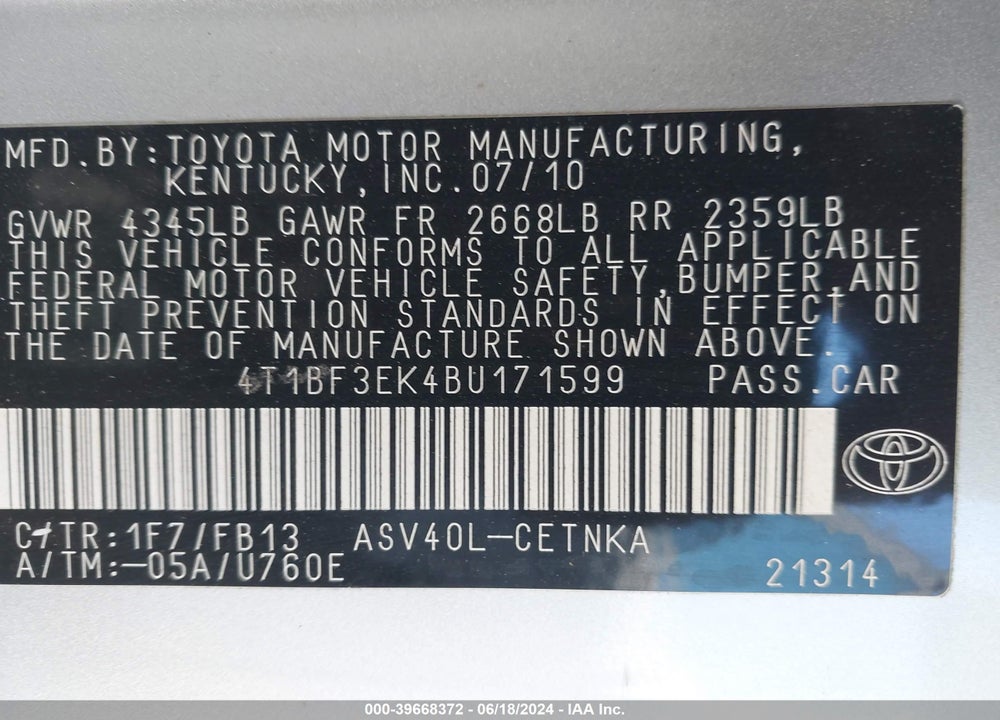 2011 TOYOTA CAMRY LE VIN: 4T1BF3EK4BU171599