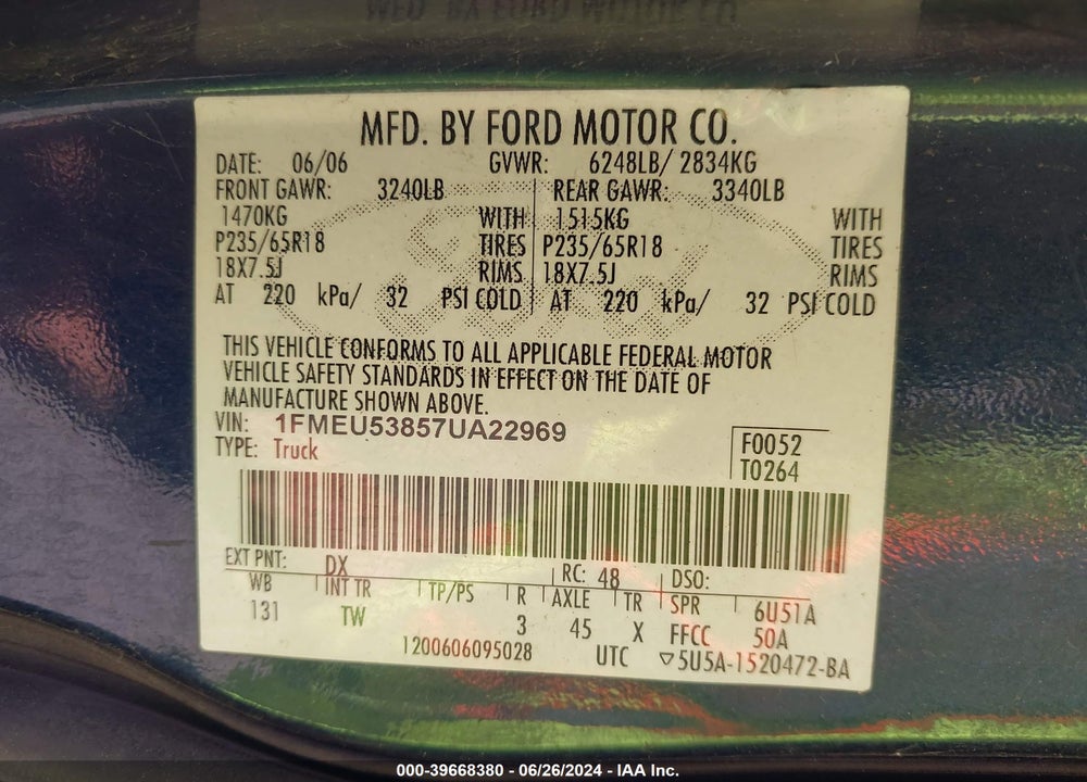 2007 FORD EXPLORER SPORT TRAC LIMITED VIN: 1FMEU53857UA22969