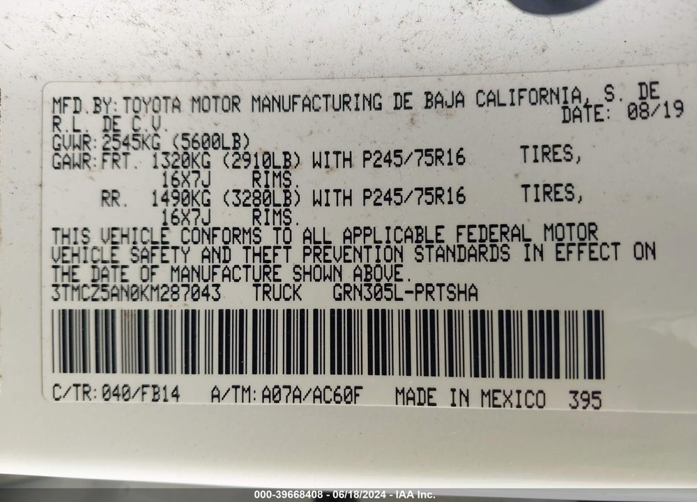 2019 TOYOTA TACOMA SR V6 VIN: 3TMCZ5AN0KM287043
