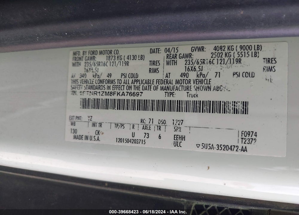 2015 FORD TRANSIT-250 VIN: 1FTNR1ZM8FKA76697
