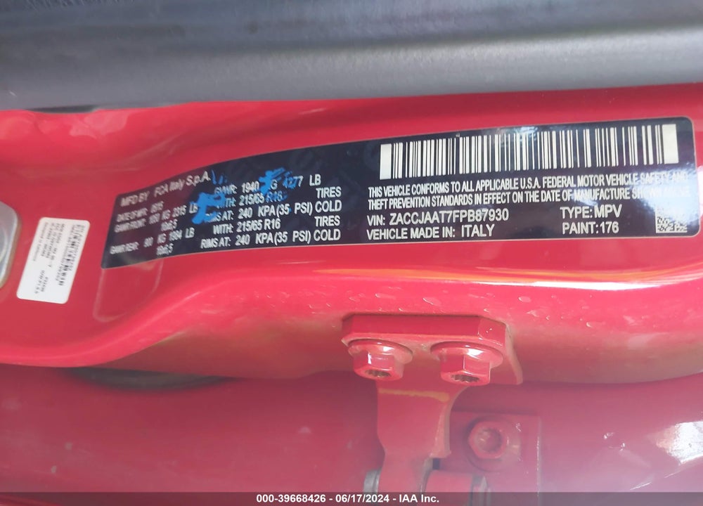 2015 JEEP RENEGADE SPORT VIN: ZACCJAAT7FPB87930