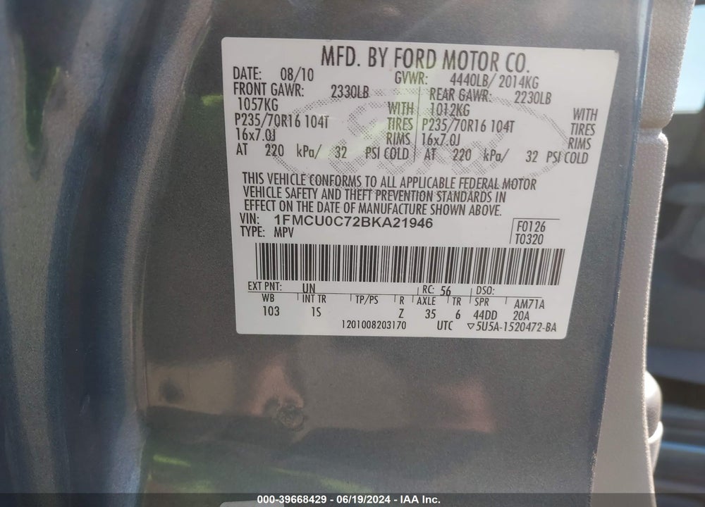 2011 FORD ESCAPE XLS VIN: 1FMCU0C72BKA21946