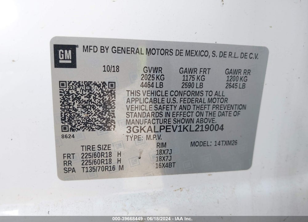 2019 GMC TERRAIN SLT VIN: 3GKALPEV1KL219004
