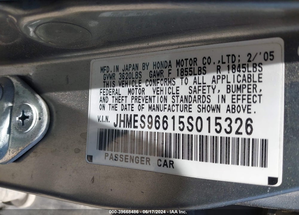 2005 HONDA CIVIC HYBRID VIN: JHMES96615S015326