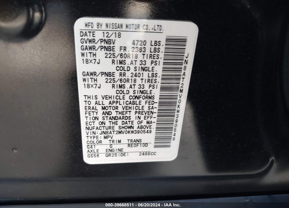 2019 NISSAN ROGUE SV VIN: JN8AT2MV0KW390549