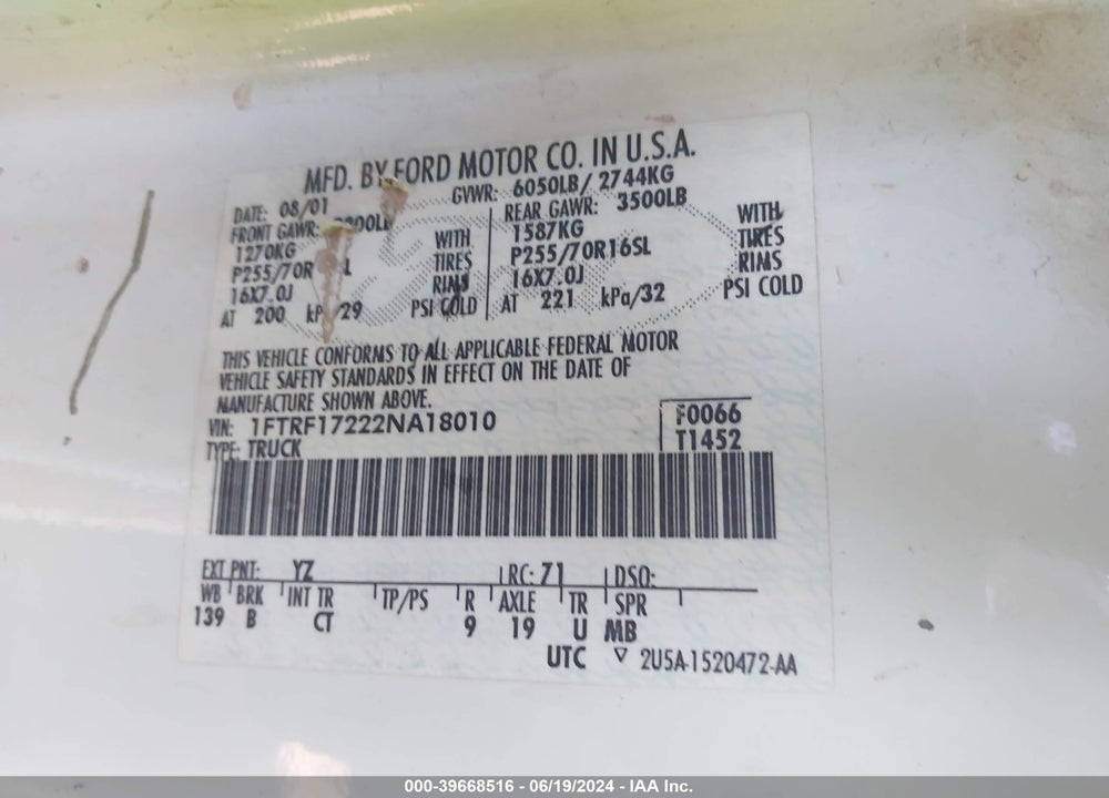 2002 FORD F-150 XL/XLT VIN: 1FTRF17222NA18010