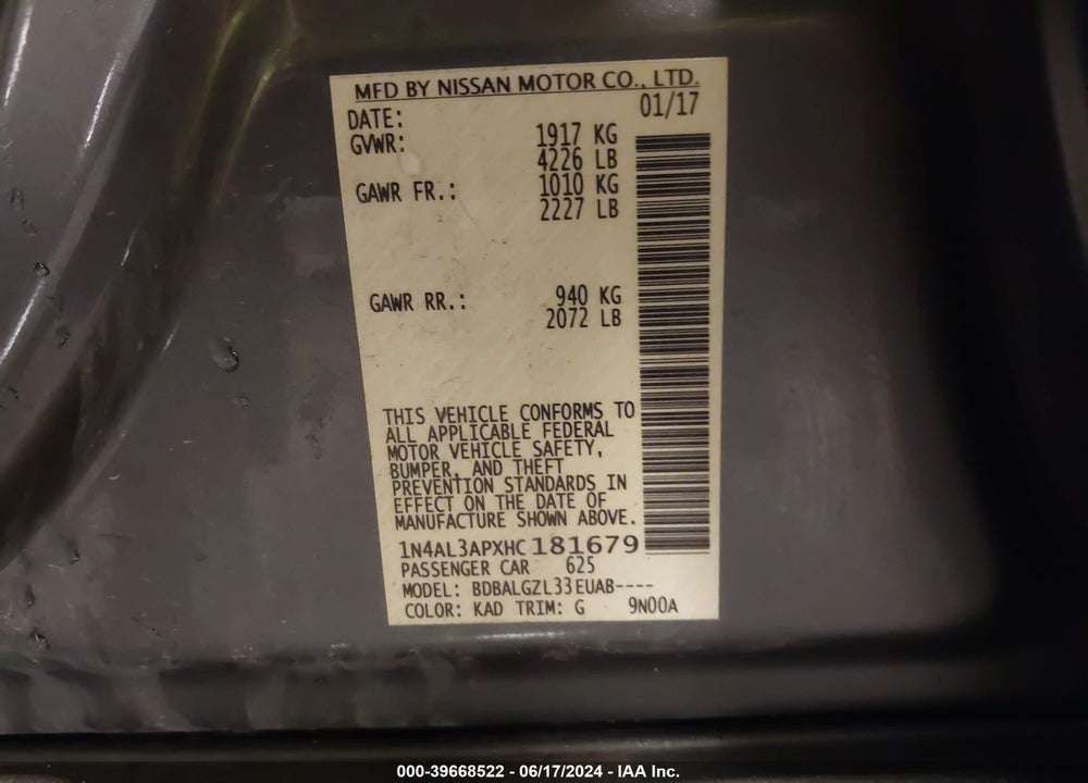 2017 NISSAN ALTIMA 2.5 S VIN: 1N4AL3APXHC181679