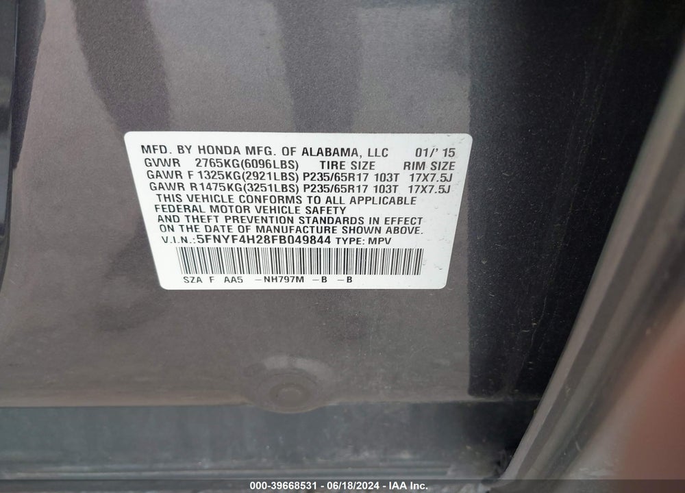 2015 HONDA PILOT VIN: 5FNYF4H28FB049844
