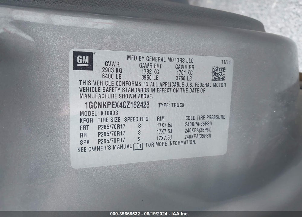 2012 CHEVROLET SILVERADO 1500 WORK TRUCK VIN: 1GCNKPEX4CZ162423