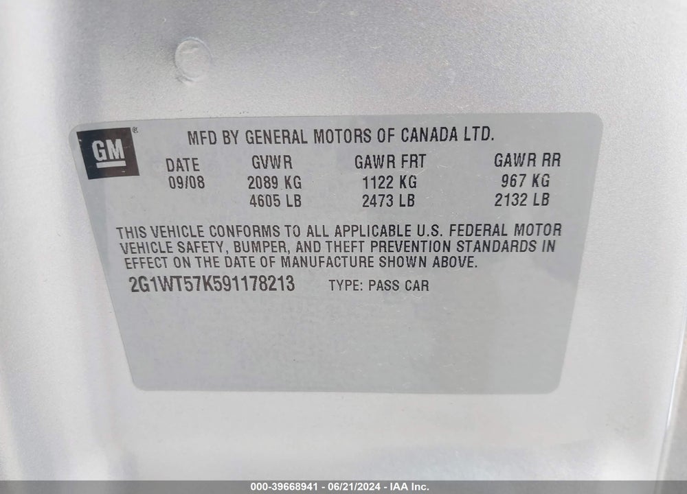 2009 CHEVROLET IMPALA LT VIN: 2G1WT57K591178213