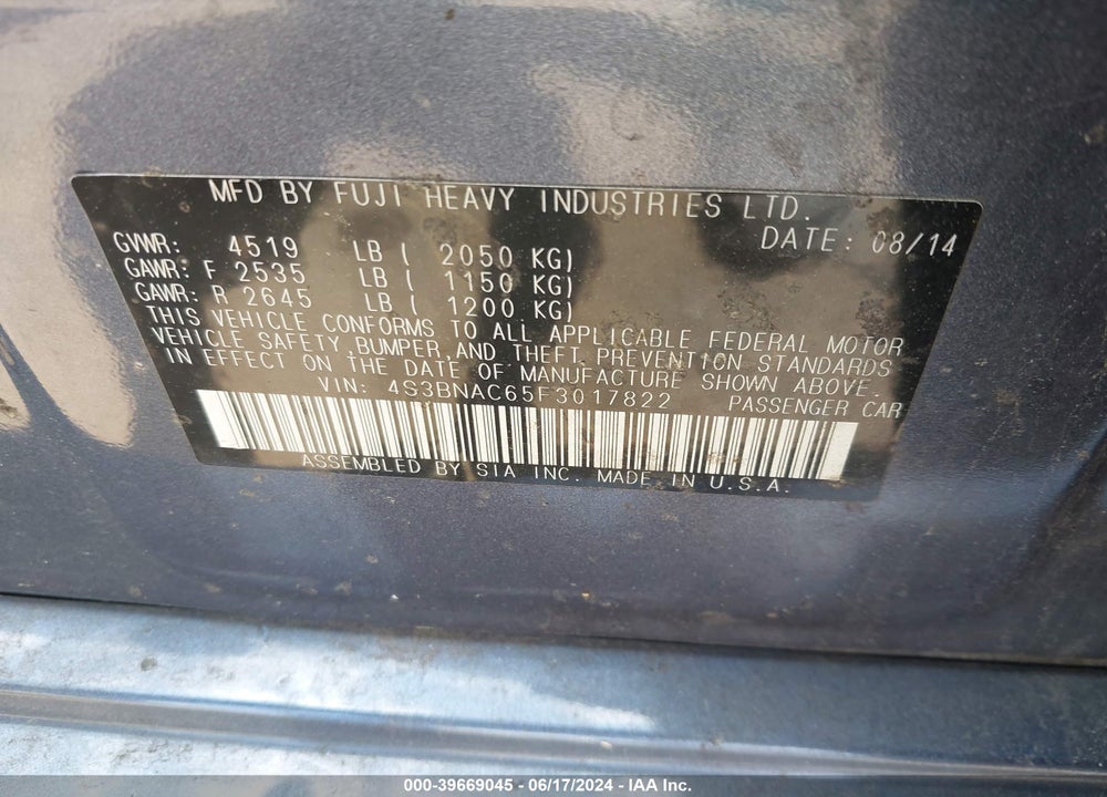2015 SUBARU LEGACY 2.5I PREMIUM VIN: 4S3BNAC65F3017822