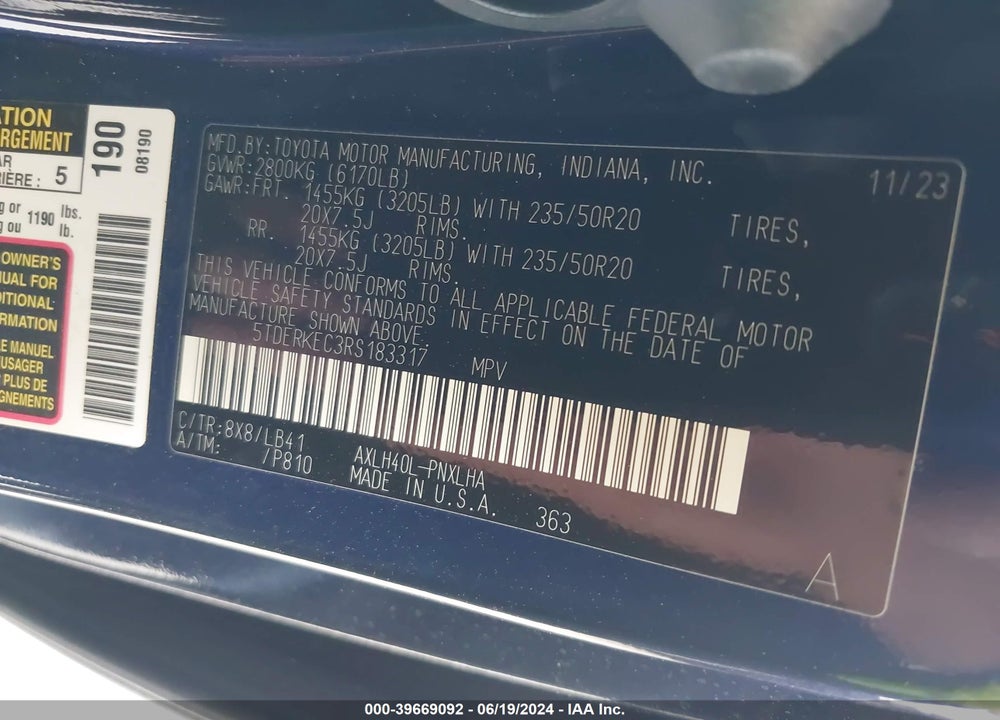 2024 TOYOTA SIENNA PLATINUM VIN: 5TDERKEC3RS183317