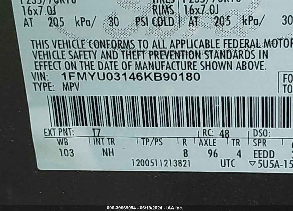 2006 FORD ESCAPE XLT/XLT SPORT VIN: 1FMYU03146KB90180