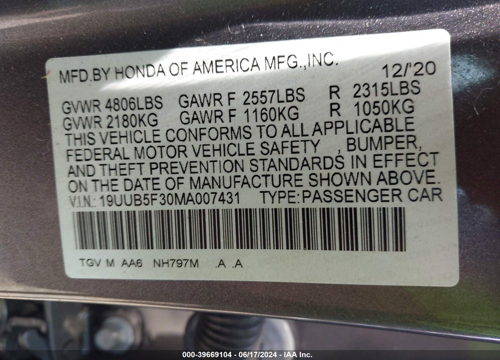 2021 ACURA TLX STANDARD VIN: 19UUB5F30MA007431