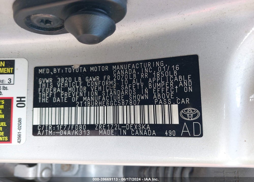 2016 TOYOTA COROLLA S PLUS VIN: 2T1BURHE6GC587807