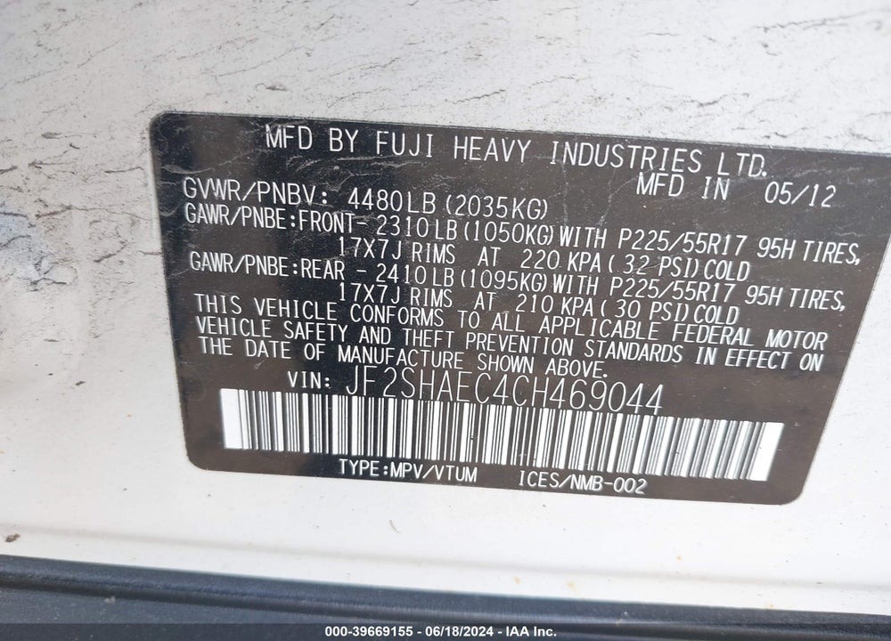 2012 SUBARU FORESTER 2.5X LIMITED VIN: JF2SHAEC4CH469044