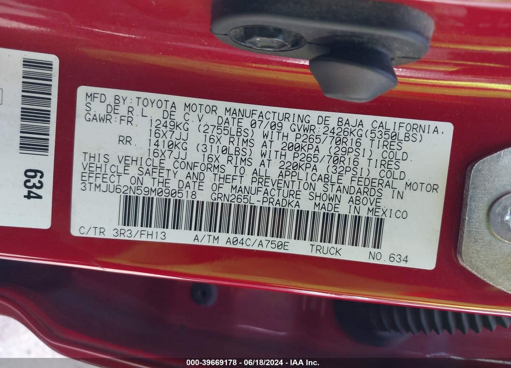 2009 TOYOTA TACOMA PRERUNNER V6 VIN: 3TMJU62N59M090518