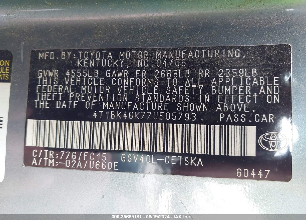 2007 TOYOTA CAMRY SE V6 VIN: 4T1BK46K77U505793