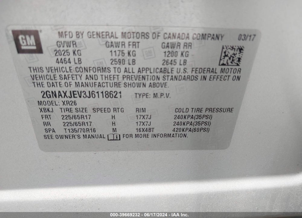 2018 CHEVROLET EQUINOX LT VIN: 2GNAXJEV3J6118621