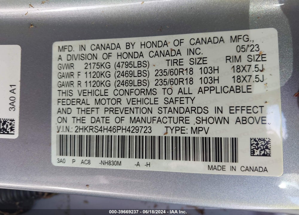 2023 HONDA CR-V EX AWD VIN: 2HKRS4H46PH429723