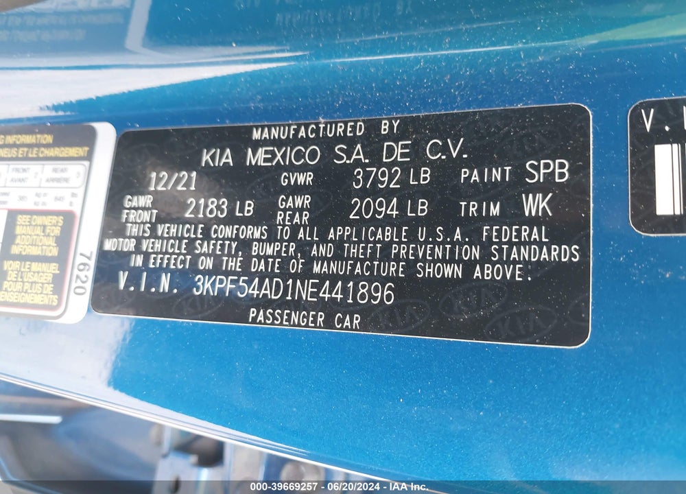 2022 KIA FORTE GT LINE VIN: 3KPF54AD1NE441896