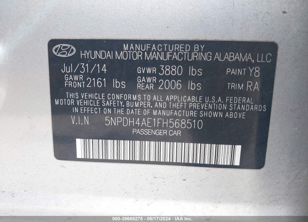 2015 HYUNDAI ELANTRA SE VIN: 5NPDH4AE1FH568510