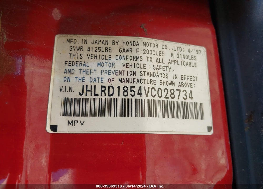 1997 HONDA CR-V VIN: JHLRD1854VC028734