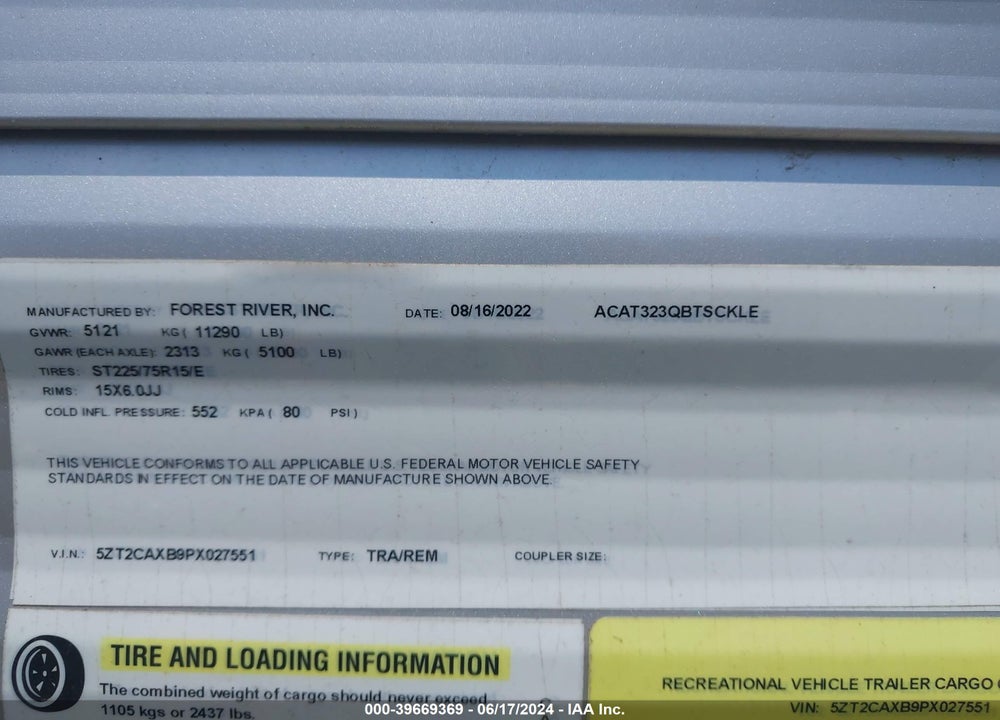 2023 CATALINA TRAVEL TRAILER VIN: 5ZT2CAXB9PX027551